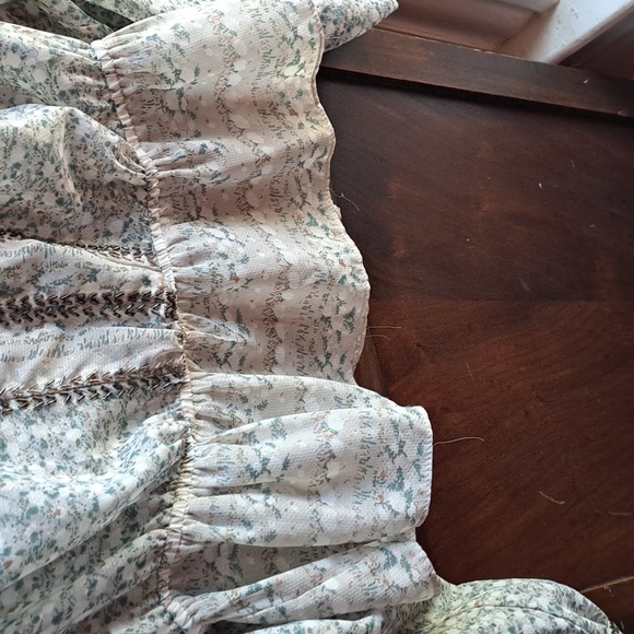 Free People size xs teal and brown print high collar ruffled beaded detail blous - Picture 4 of 7